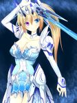  1_girl arm_up armor art big_breasts blonde blonde_hair blue_eyes breasts cleavage dress female head_tilt headpiece heterochromia high_res legs long_hair looking_at_viewer luxuria phantasy_star phantasy_star_online_2 ponytail purple_eyes seras_alicia smile solo strapless strapless_dress sword weapon 