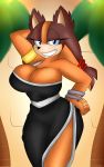 2014 anthro badger big_breasts breasts cleavage clothed clothing female furry huge_breasts looking_at_viewer mammal mustelid sega smile solo sonic_(series) sticks_the_jungle_badger supersonicrulaa