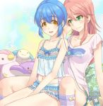 2girls :d bangs bare_shoulders between_legs blue_hair blush breasts camisole clavicle closed_mouth clothing digital_media_player earphones eyebrows_visible_through_hair female footwear green_eyes hair_between_eyes hand_between_legs head_tilt kneehighs large_breasts long_hair looking_at_another love matsusatoru_kouji md5_mismatch multiple_girls nakanobe_mayumi navel official_art open-mouth_smile open_mouth pajamas pillow pink_hair resolution_mismatch shizuku_no_oto short_hair short_sleeves shorts sitting skirt sleepwear smile socks source_larger stuffed_animal stuffed_toy tamagawa_himeno yellow_eyes yuri