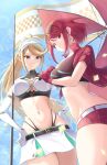  2_girls alluring alternate_costume big_breasts blonde_hair booth_babe breasts checkered_flag dual_persona female_focus flag high_res long_hair matching_hair/eyes multiple_girls mythra navel nintendo okazu2010015 parasol pyra race_queen red_eyes red_hair short_hair swept_bangs umbrella very_long_hair xenoblade_(series) xenoblade_chronicles_2 yellow_eyes 