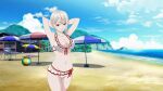 1girl alluring ball beach beachball bikini high_res mountain nakiri_alice ocean red_eyes sand scenery shade shokugeki_no_souma short_hair silver_hair sweat swimsuit umbrella voluptuous wallpaper