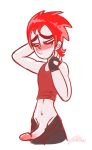  1boy blush erection fingerless_gloves gloves jack_spicer male male_only pants_down penis princesscallyie red_eyes red_hair shiny shiny_skin shy smile solo_male xiaolin_showdown 