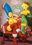  big_breasts boots breasts christmas christmas_outfit cleavage hair lisa_simpson marge_simpson merry_christmas milf pearls smile stockings the_simpsons yellow_skin zarx 