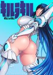  1girl artist_name ass black_hair blue_eyes breasts clothes copyright_name darkereve darwin_nunez female female_only from_behind gloves highres hips huge_ass junketsu katana kill_la_kill kiryuuin_satsuki large_ass lips long_hair looking_at_viewer looking_back round_ass sideboob simple_background skindentation solo solo_female sword text very_long_hair weapon wide_hips 