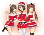 2_girls 2girls arm arms art babe bare_legs bare_shoulders belt black_hair blue_eyes blush boots bowtie breasts brown_eyes brown_hair choker christmas collarbone dress elbow_gloves english female garter_belt garter_straps gloves group_hug hair_ribbon hand_on_another's_shoulder hand_on_shoulder hat high_res highres hug hugging legs long_hair looking_at_viewer merry_christmas midriff multiple_girls navel neck neck_ribbon off_shoulder open_mouth original parted_lips red_dress red_eyes red_gloves red_skirt ribbon santa_costume santa_hat short_dress short_hair skirt smile standing standing_on_one_leg stockings strapless strapless_dress twintails x-mas yumemizuki yuri