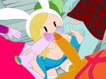 1girl 3boys adventure_time animal_hat backpack bag blonde_hair blush cleavage double_handjob fellatio fionna_the_human flame_prince grey_skin hair kneeling male marshall_lee multiple_boys oral orange_skin panties penis pink_skin prince_gumball socks thighhigh white_legwear