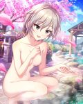  1girl 1girl anastasia_(idolmaster) arm_at_side bath blue_eyes high_resolution idolmaster idolmaster navel nipples nude nude_filter onsen silver_hair smile squatting third-party_edit water 