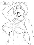 1girl belly blush bottomless breasts dc dc_comics flush justice_league looking_up megasweet monochrome navel power_girl short_hair solo sweat tank_top underboob