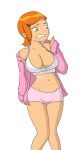 ben_10 big_breasts cartoon_network cleavage clothed green_eyes gwen_tennyson hoodie moshisan nervous open_jacket orange_hair scared short_hair shorts simple_background sports_bra sportswear stockings wide_hips