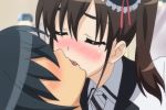 1boy 1girl animated black_hair blush breasts brown_hair cleavage closed_eyes couple female french_kiss gif hair hat headgear katekano:_idol_sister katekano_idol_sister kissing ooizumi_maina saliva twin_tails