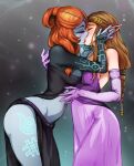  2_girls alluring brown_hair closed_eyes colored_skin dress front_ponytail hands_on_another&#039;s_face high_res kissing leaning_forward midna midna_(true) mina_cream multicolored_skin multiple_girls neon_trim nintendo orange_hair pink_dress pointy_ears princess_zelda the_legend_of_zelda the_legend_of_zelda:_twilight_princess thighs twili_midna two-tone_skin yuri 