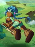 1girl ass blue_hair boots bubble_butt elf female fingerless_gloves gloves green_skin grimphantom grimphantom_(artist) heart looking_back pointy_ears ponytail shiny shiny_skin skylanders stealth_elf weapon