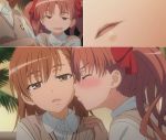  2girls anime blush brown_eyes brown_hair closed_eyes female friends hair hair_ribbon hand_on_another&#039;s_shoulder hand_on_shoulder incipient_kiss lips long_hair love misaka_mikoto multiple_girls naughty_face open_mouth pink_hair ribbon school_uniform shirai_kuroko short_hair smile sweater_vest to_aru_kagaku_no_railgun to_aru_majutsu_no_index twintails yuri 