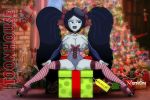 1girl adventure_time big_breasts black_eyes black_hair breasts christmas christmas_stocking christmas_tree corset female_only grey_skin marceline nipple_piercing nipple_rings nipples present sandybelldf solo_female spread_legs striped_legwear toonhouse twin_tails