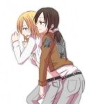 2_girls 2girls against_wall aira_(endless5515) art artist_request black_hair blonde_hair blue_eyes blush christa_renz female freckles from_behind jacket multiple_girls pants ponytail shingeki_no_kyojin short_hair shy smile sweat uniform ymir_(shingeki_no_kyojin) yuri