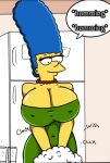  1girl big_breasts blue_hair breasts caption cleavage clothed curvy dh6966_(artist) green_dress huge_breasts long_hair marge_simpson milf necklace pearl_necklace revealing_clothes sexy skin_tight slut soap standing text the_simpsons washing yellow_skin 