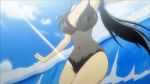 1girl animated beach black_hair blue_eyes bounce bouncing_breasts breasts cleavage female female_only gif ikaruga_(senran_kagura) large_breasts long_hair lowres non-nude ocean screencap senran_kagura senran_kagura_(series) sidelocks solo_female swimsuit