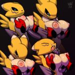 big_breasts breasts chest_tuft cum digimon female fur furry gloves grope impmon licking looking_down male namco nipples open_mouth oral paizuri penis puffy_nipples renamon shiny squeezing testicles tongue tongue_out tuft xylas