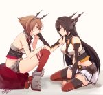  2girls arm_support black_hair brown_eyes brown_hair female gloves green_eyes kantai_collection long_hair looking_at_another multiple_girls mutsu_(kantai_collection) nagato_(kantai_collection) pleated_skirt raki_(kuroe) sad short_hair sitting skirt smile tears yuri 