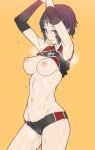 1girl areolae armpits arms_up ban bikini_bottom black_eyes black_hair breasts breasts_outside cameltoe clothes_writing groin looking_at_viewer mound_of_venus navel nipples no_bra original shirt shirt_lift short_hair solo sports_bikini standing steam sweat