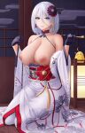  1girl azur_lane bangs bare_shoulders big_breasts bird black_gloves blue_eyes blush breasts breasts_out_of_clothes chick clavicle cleavage gloves hair_between_eyes high_resolution kimono kneel large_filesize long_sleeves looking_at_viewer manjuu_(azur_lane) nipples obi off-shoulder_kimono pipe sash short_hair silver_hair smile thighs tirpitz_(azur_lane) tirpitz_(seasonal_pine_and_the_frost_flower)_(azur_lane) very_high_resolution wafuku white_kimono wide_sleeves zaphn 