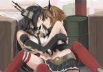  2girls :o bare_shoulders black_hair blush brown_hair elbow_gloves face-to-face female fingerless_gloves gloves green_eyes hair_between_eyes hairband headgear high_res highres hugging incipient_kiss kantai_collection kento1102 long_hair looking_at_another love midriff miniskirt multiple_girls mutsu_(kantai_collection) mutual_yuri nagato_(kantai_collection) navel open_mouth red_eyes short_hair sitting skirt smile stockings thighhighs yuri 