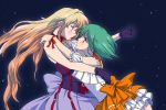  2girls arms artist_request babe blonde_hair blue_eyes blush choker dress eye_contact face-to-face female friends gloves green_hair hugging incipient_kiss kannazuki_no_miko long_hair looking_at_another love macross macross_frontier multiple_girls mutual_yuri night night_sky parody ranka_lee red_eyes ribbon rose sheryl_nome short_hair sky style_parody yuri 