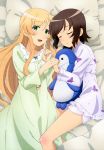 2_girls absurd_res bird blonde_hair blush brown_hair closed_eyes friends futsuu_no_joshikousei_ga_locodol_yattemita high_res kohinata_yukari legs lying multiple_girls nyantype official_art on_side pajamas penguin stuffed_animal stuffed_toy usami_nanako very_long_hair yuri