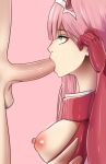  1boy 1girl blue_eyes breasts breasts_out_of_clothes darling_in_the_franxx fellatio hetero high_resolution male nipples oral penis pink_hair simple_background theatko torn_clothes zero_two_(darling_in_the_franxx) 