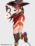  1girl ass ass_focus bandages bandages_on_legs black_legwear brown_hair dress embarrassed from_behind genshin_impact hat high_resolution hu_tao hu_tao_(genshin_impact) jewelry kono_subarashii_sekai_ni_shukufuku_wo! megumin no_panties off_shoulder open_mouth rear_view red_eyes red_skirt ring short_dress simple_background skirt thigh_strap tied_hair twin_tails undersized_clothes very_high_resolution witch_hat 