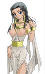 1girl amulet armband armlet black_hair blue_eyes breasts hair_tubes ishizu_ishtar jewelry long_hair nipples open_clothes plain_background solo standing yu-gi-oh! yuu-gi-ou