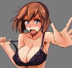 1girl big_breasts bikini_top black_bikini black_bikini_top black_bra blue_eyes blush bra breasts brown_hair caught cleavage drawfag embarrassed grey_background haruka_(pokemon) kuso_otoko large_breasts may noccu outstretched_hand pokemon pushing_away strap_slip tumblr underwear undressing