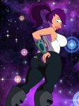 1girl ass boots cyclops futurama grimphantom lipstick looking_back looking_down mutant ponytail purple_hair shiny shiny_skin smile solo turanga_leela