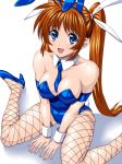  1_girl 1girl :d animal_ears anzu_(onelelee) arm arm_support armband arms art babe bare_shoulders between_breasts blue_eyes blue_high_heels blue_necktie blush breasts brown_hair bunny_ears bunny_girl bunny_tail bunnysuit cleavage cuffs detached_collar fake_animal_ears female fishnet_pantyhose fishnets from_above hair_ribbon happy high_heels high_res legs leotard long_hair looking_at_viewer lyrical_nanoha mahou_shoujo_lyrical_nanoha_strikers neck_tie necktie open_mouth pantyhose ribbon sen_(sansui) shadow shiny shiny_hair shiny_skin sitting smile solo strapless tail takamachi_nanoha twin_tails twintails v_arms wariza white_background wrist_cuffs 