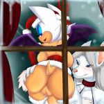 2014 anthro anus ass bat big_ass big_breasts blue_eyes blush breasts butt_grab canine christmas duo female female/female female_only furry grin hair hand_on_butt hat headgear holidays mammal nita_seiho_(vosur) pinkthehedgehog2 presenting pussy pussy_juice raised_tail rav rouge_the_bat santa_hat sega sonic sonic_(series) spreading tail teeth white_hair window wings yuri