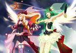  2_girls art artist_request blonde_hair dress female friends green_hair long_hair macross macross_frontier multiple_girls ranka_lee red_eyes sheryl_nome short_hair tagme 