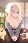 accidental_exposure blonde_hair blue_eyes butterfly_hair_ornament embarrassed erect_nipples hair_ornament large_breasts light_smile looking_at_partner looking_at_viewer no_bra