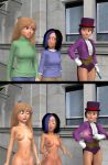 3d 3girls blue_eyes breasts brown_eyes brown_hair city comic disappearing_clothes funny gloves hair hat headgear looking_down magic multicolored_hair multiple_girls nipples nude poser prank purple_hair short_hair smile tan tan_line top_hat vanish vanishing_clothes wand