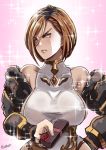  1girl 2015 apollonia apollonia_vaar armor artist_name bangs bare_shoulders black_armor black_knight_(granblue_fantasy) blue_eyes bob_cut box breasts brown_hair butcha-u chocolate clothing detached_sleeves embarrassed eroquis female flower gift gift_box gradient gradient_background granblue_fantasy hair_between_eyes halterneck hand_on_hip large_breasts leotard looking_away md5_mismatch pink_background red_flower red_rose rose short_hair sideboob signature solo sparkle swept_bangs taut_clothes tsundere turtleneck valentine 