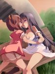 2girls after_kiss bench black_hair blue_eyes breasts females hand_hold interlocked_fingers komiya_nonoka large_breasts long_hair nipple_slip nipples off_shoulder outside pussy_juice red_eyes saliva saliva_trail sora_no_method takano_natsuki togawa_shione tongue tongue_out