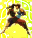  2_girls 2girls asami_sato avatar:_the_last_airbender backpack bag bare_shoulders black_hair boots brown_hair closed_eyes couple dark-skinned_female dark_skin elbow_gloves female female/female female_only fingerless_gloves floating gloves hair interlocked_fingers interracial kitsune23star korra lipstick long_hair love makeup multiple_girls mutual_yuri ponytail red_lipstick short_hair sleeveless spoilers the_legend_of_korra the_legend_of_korra* yuri 