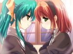 2girls aqua_hair asymmetrical_docking blush emily_(pure_dream) escalation_~kuruai_no_fugue~ female game_cg green_eyes green_hair hair_ribbon high_res komatsuzaki_rie long_hair looking_at_another looking_away multiple_girls naughty_face neck_tie oomori_midori orange_hair ponytail red_hair ribbon rolling_star school_uniform shiny shiny_hair short_hair smile window yellow_eyes yuri