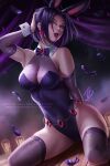 1girl big_breasts bowtie breasts bunny_ears bunny_girl bunnysuit cleavage dc_comics feathers female_only leotard lipstick looking_at_viewer loose_feather olchas purple_eyes purple_hair rachel_roth raven_(dc) stockings teen_titans