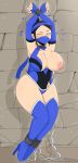 1girl 2019 blush bondage chains embarrassed jinu kitana mortal_kombat shackles thigh_boots torn_clothes wardrobe_malfunction