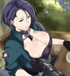 1girl angry annoyed blue_hair breasts byleth_(fire_emblem) byleth_(male) cafekun choker clothed_female disgusted_look female_focus fire_emblem fire_emblem:_three_houses gameplay_mechanics gloves groping groping_breasts hair_between_eyes hand_on_breast huge_breasts imminent_death jacket_on_shoulders nintendo purple_eyes shamir_nevrand short_hair video_game_character video_game_franchise