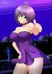 1_girl 1girl ahoge arm arms art artist_request babe bare_legs bare_shoulders big_breasts blush breasts choker cleavage dress female green_eyes hair_between_eyes hand_on_hip large_breasts lavender_hair legs looking_at_viewer megami official_art pointing purple_dress short_dress short_hair smile solo strapless strapless_dress yukino_memories