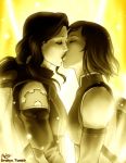  2_girls 2girls asami_sato avatar:_the_last_airbender backlighting bare_shoulders close-up closed_eyes dark-skinned_female drakyx female female/female female_only hair hand_holding interracial kissing korra lips long_hair love monochrome multiple_girls mutual_yuri nose ponytail sepia short_hair spoilers symmetrical_docking the_legend_of_korra yuri 