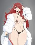 1girl 2019 atlus big_breasts breasts fur_coat hair_over_one_eye jinu lipstick long_hair mitsuru_kirijo persona_3 rapier red_hair weapon