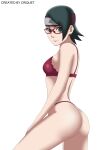 1girl alluring ass bare_legs black_eyes black_hair boruto:_naruto_next_generations colored_skin criquet curvy female_only glasses light_skin looking_at_viewer naruto naruto_(series) sarada_uchiha short_hair simple_background teen thong