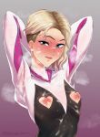 armpits arms_behind_head blonde_hair blue_eyes blush comic_book_character cum cum_on_body ghost_spider gwen_stacy heart_cutout marvel marvel_comics musk nipple_cutout nipples older older_female sanuki_(kyoudashya) short_hair smile spider-gwen spider-man:_into_the_spider-verse spider-man_(series) superheroine tight_clothing young_adult young_adult_female young_adult_woman